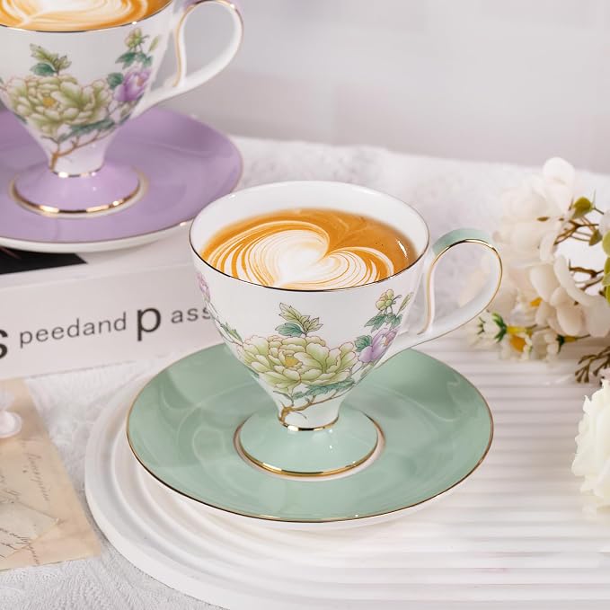 KAMMAK Ceramic Coffee Cups Saucers Set of 2, Porcelain Espresso Cups - Image 3