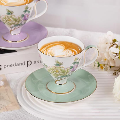 KAMMAK Ceramic Coffee Cups Saucers Set of 2, Porcelain Espresso Cups - Image 3