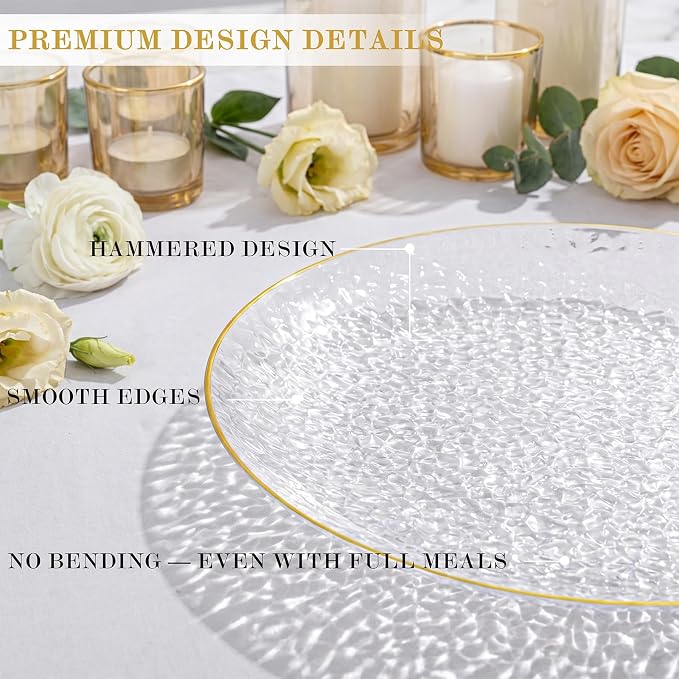 Rubtlamp 100 Pcs Gold Plastic Plates, 10 inch Clear Gold Dinner Plates - Image 3