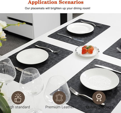 Vinyl Placemats Set of 4 Heat Resistant Easy Clean Non-Slip Place Mats for Dining Table. Faux Leather Waterproof Stain Resistant Wipeable Washable PU Table Mats(4, Black)