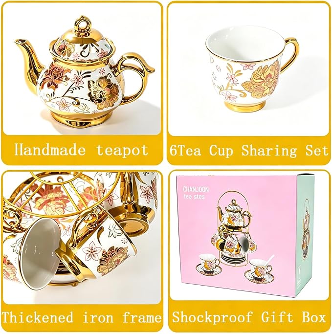CHANJOON Gold Plated Red Rose Ceramic Tea Set, Vintage Tea Sets - Image 6