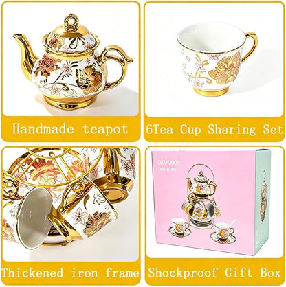 CHANJOON Gold Plated Red Rose Ceramic Tea Set, Vintage Tea Sets - Image 6