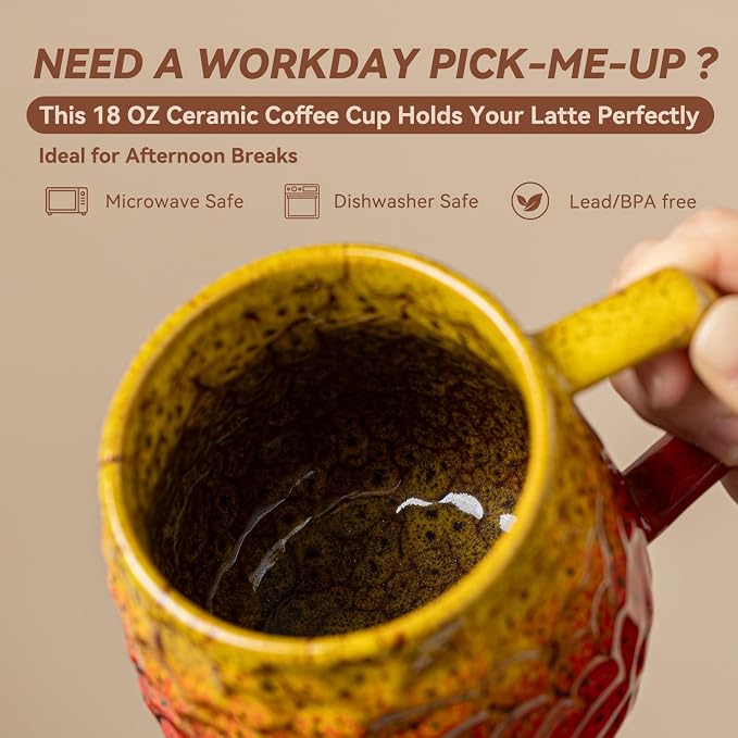 18oz Unique Yellow & Red Kiln-Change Ceramic Coffee Mug, Handcrafted Hammered - Image 4