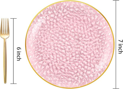 DaYammi 240Pcs Pink Plastic Plates Including 120Pcs Pink Dessert Plates and 120Pcs Gold Plastic Forks,Hammered Party Plate,pink and Gold Appetizer plates Heavy duty Disposable Cake Plate for Party
