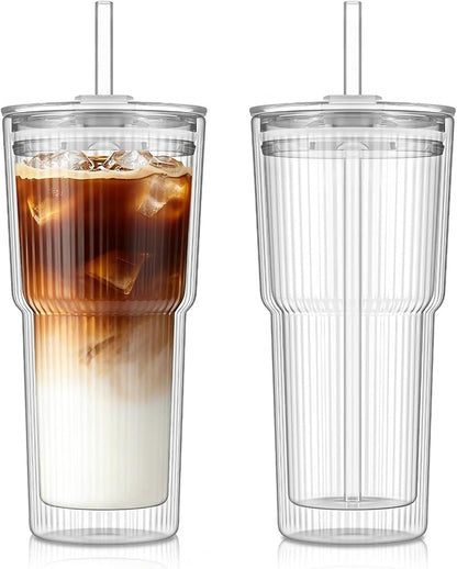 KEMORELA Iced Coffee Cups with Lids 20oz Ribbed Double Wall Glass Cups with by KEMORELA