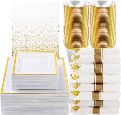 Goodluck 352 Piece Gold Dinnerware Set for 50 Guests, Thanksgiving Square Plastic Plates with Gold Trim, Include: 100 Plastic Plates, 50 Rolled Napkins, 50 Cups, 50 Cutlery Set and 2 Tablecloth