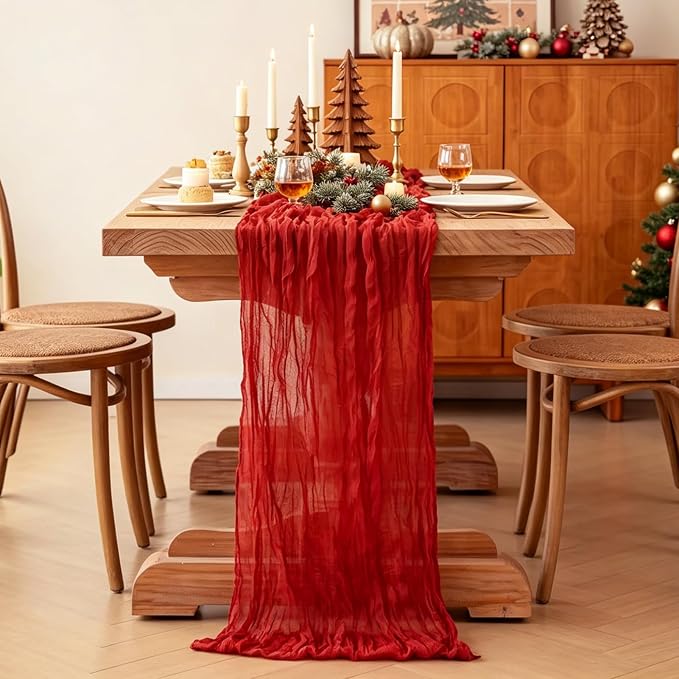 Red Cheesecloth Table Runner, 10FT Rustic Christmas Red Boho Gauze Table Runner - Image 5
