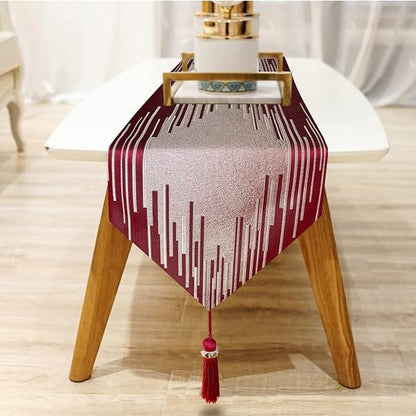 Elegant Modern Red Table Runner, Embroidery Geometric, Ring Tassels | Table - Image 4