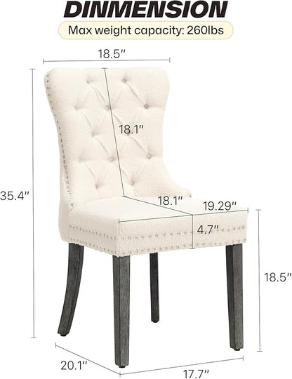 KCC Boucle Dining Chairs Set of 2, Upholstered High-end Tufted Dining Room Chair with Nailhead Back Ring Pull Trim Solid Wood Legs, Contemporary Nikki Collection Modern Style for Kitchen, Cream