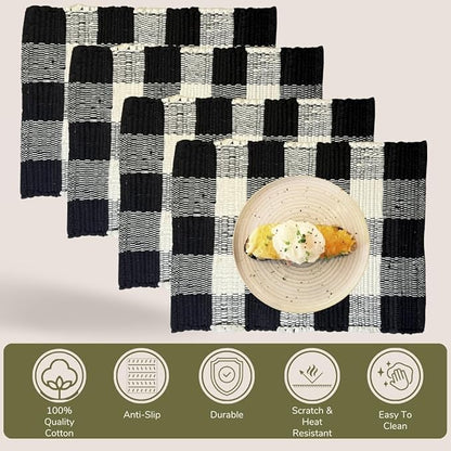 Perilla Home Cotton Placemat Set of 4 Table Mats for Kitchen Dining Home Decor Vintage Boho Rectangle Placemats (Black and White 13"x19")