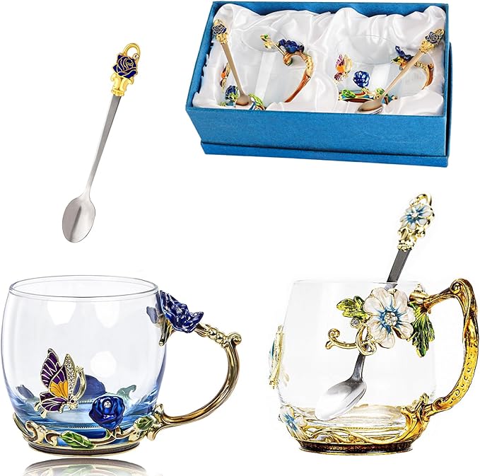 Tea Cup Glass Coffee Mugs, Fancy Tea Cup Set Birthday Christmas Valentine's Day by DUMVOIN