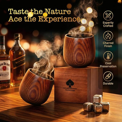 Charred Wooden Whiskey Glass Set of 2 – Durable Bourbon Glass for Men, Insulated Old Fashioned Glass – Whiskey Gifts for Husband, Dad, Brother – Birthday, Christmas, Father's Day