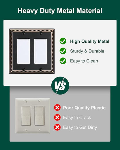 2-Pack Double Decorator Outlet Cover Plate, Pearls Decorative Switch Plates and Outlet Covers, 2 Gang Aged Bronze Metal Wall Plates, Corrosion Resistant