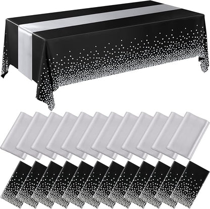 Breling 24 Packs Black and Silver Disposable Plastic Tablecloths and Satin Table Runner Set, 54 x 108 Inch Tablecloth, 12 x 108 Inch Table Runners for Wedding Graduation Birthday Baby Shower