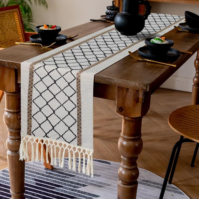 EMMTEEY Macrame Table Runner Boho Style 72 Inches Long, Hexagonal Black | - Image 6