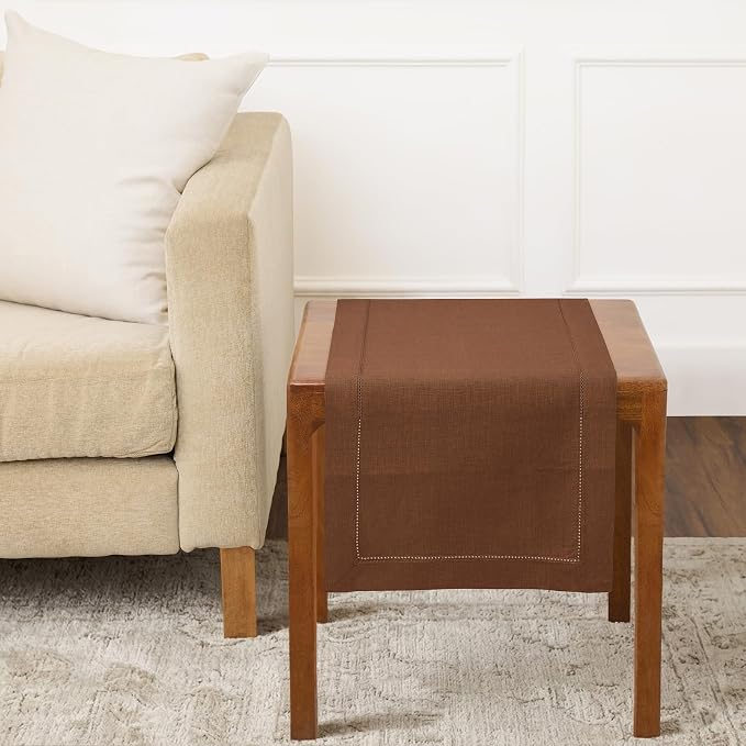 Solino Home 100% Pure Linen Dining Table Runner Brown Hemstitch, 14 x 36 in | by SolinoHome