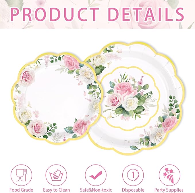 250 Pcs Floral Tea Themed Party Decorations, Serves 50 | Pink Floral Scalloped - Image 5