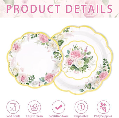 250 Pcs Floral Tea Themed Party Decorations, Serves 50 | Pink Floral Scalloped - Image 5