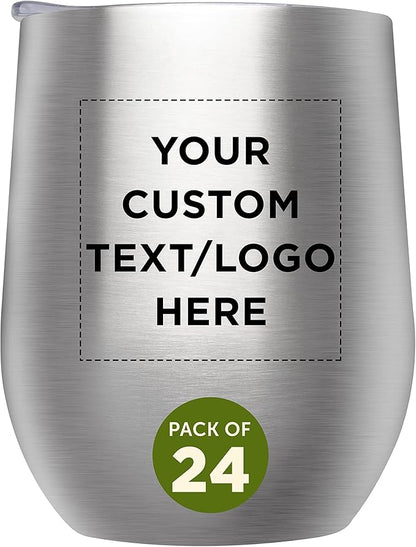 Custom Stemless Wine Glass Tumblers with Lids by Largo 11 oz. Set of 24, Personalized Bulk Pack - Perfect for Wine, Cocktails, Other Hot & Cold Beverages - Silver