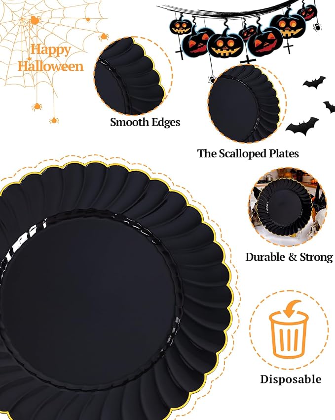 YOUBET 60PCS Black Scalloped Plastic Plates - Image 4
