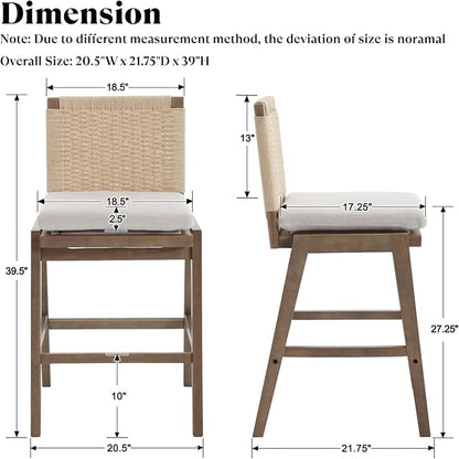 Counter Height Bar Stools Set of 2, 27” Linen Fabric Upholstered Counter Stools with Back, Modern Woven Barstools Mid Century Farmhouse Wooden Bar Chairs for Kitchen Island Dining Room, Beige
