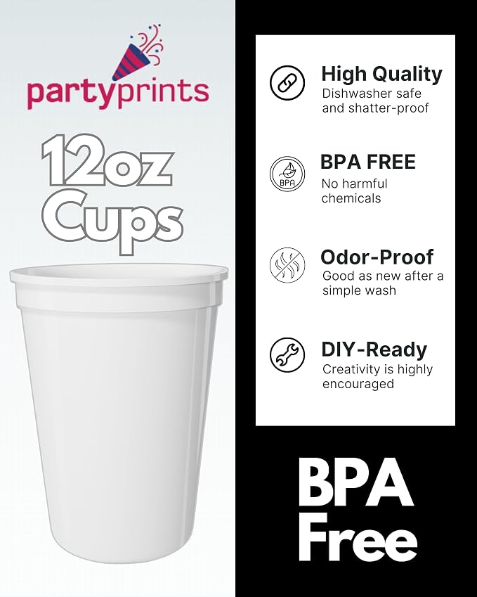 PartyPrints 10 Pack Small 10 to 12 oz White Reusable Blank Plastic Cups - Image 3