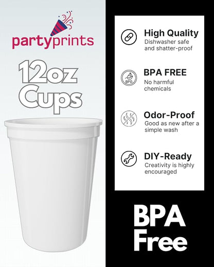 PartyPrints 10 Pack Small 10 to 12 oz White Reusable Blank Plastic Cups - Image 3