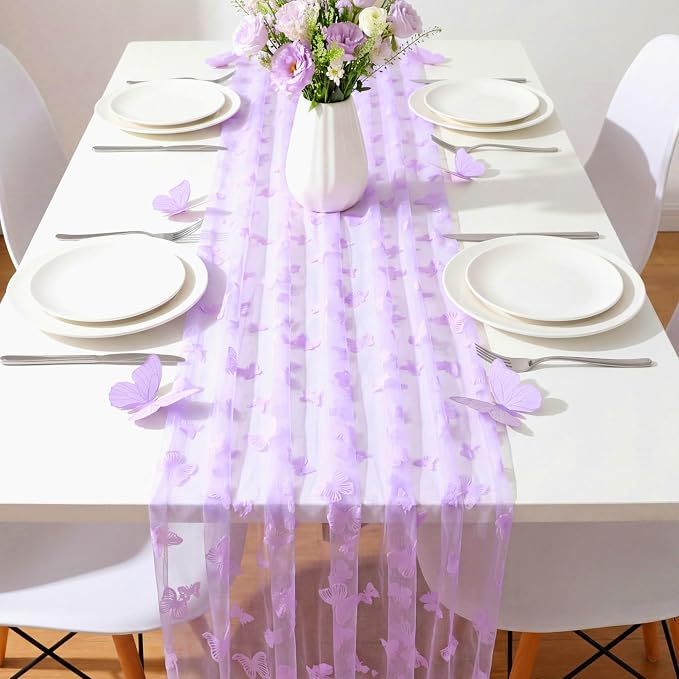4 Pcs Butterfly Table Runner 29 x 70 Inch Purple Flocking Butterfly Tulle Table - Image 3