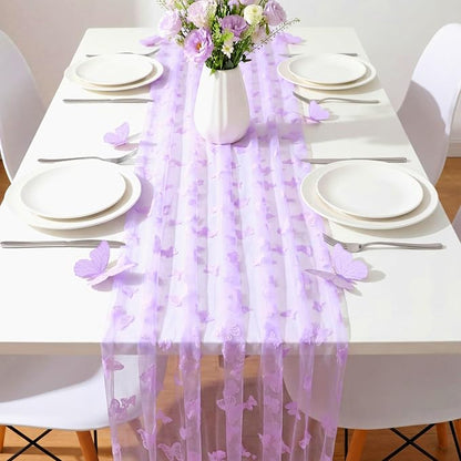 4 Pcs Butterfly Table Runner 29 x 70 Inch Purple Flocking Butterfly Tulle Table - Image 3
