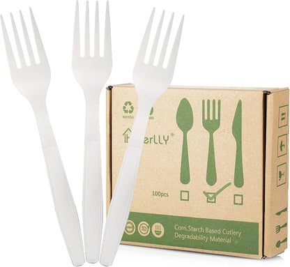 Compostable Fork, 100 Biodegradable Silverware by HERLLY