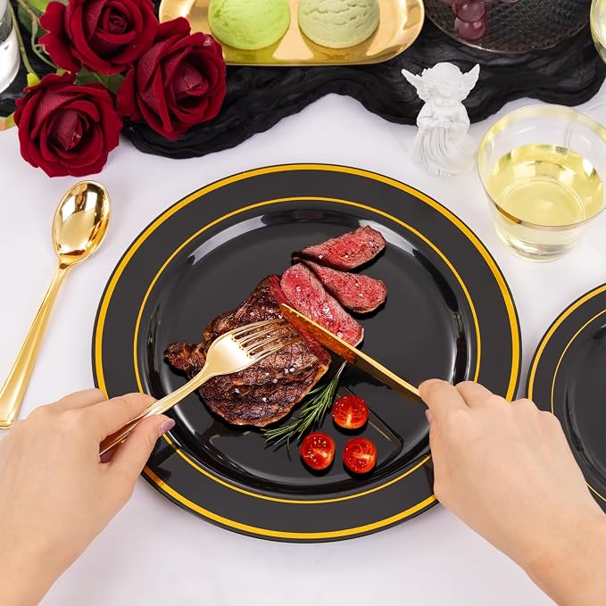 bUCLA 300PCS Black and Gold Disposable Dinnerware Set - Image 5