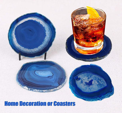 AMOYSTONE Blue Agate Coasters Set of 4, 3.5-4 Inch Polished Gemstone Coasters with Rubber Bumpers, Elegant Wedding Gift for Couples, Home Bar Decor