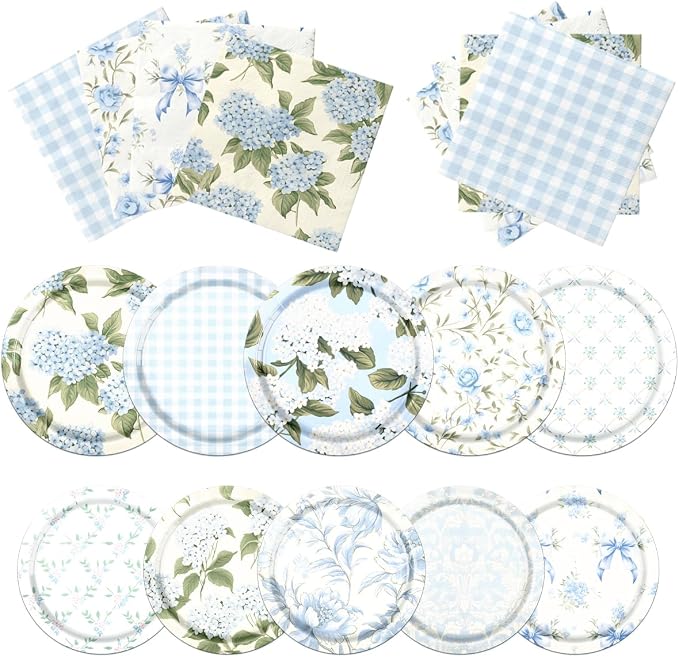 60Pcs Floral Plates and Napkins-Blue White Party Supplies Vintage Flower Tea by CMUSKO