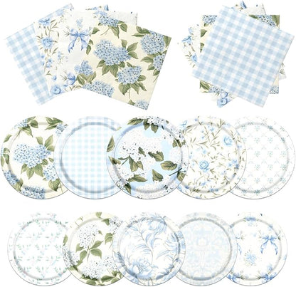 60Pcs Floral Plates and Napkins-Blue White Party Supplies Vintage Flower Tea by CMUSKO