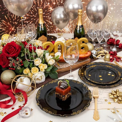 DaYammi 60PCS Black and Gold Plastic Plates, Heavy Duty Black and Gold Disposable Plates Premium 7.5 inch Dessert Cake Salad Appetizer Plate Hard Plastic Plate Disposable for Party Wedding