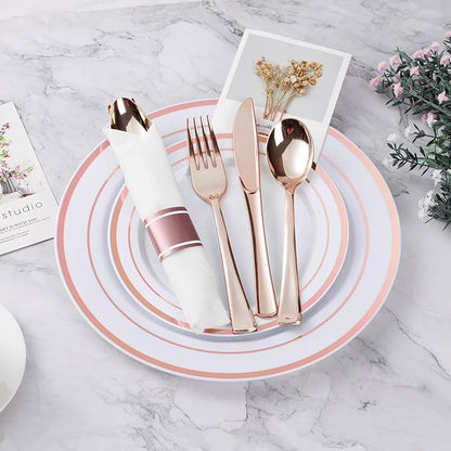 BESTVIP 700PCS Rose Gold Plastic Dinnerware Set, Disposable Party Plates for 100 Guests, Include: 200 Plastic Plates, 100 Pre Rolled Napkins with Rose Gold Silverware, 100 Cups for Christmas