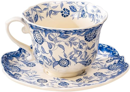 French style blue and white retro teacup and saucer set, 6.8 oz teacup and by CLAYORA