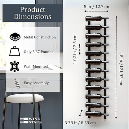 12-Bottle Black Metal Wall Mounted Wine Rack – Modern Industrial Wine Bottle Storage Organizer for Home Bar, Kitchen, Dining Area & Wine Cellar
