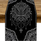 Lotus Flower Table Runner, Bohemian Ethnic Oriental Mandala Black White Floral by JanJCurt