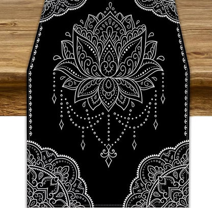 Lotus Flower Table Runner, Bohemian Ethnic Oriental Mandala Black White Floral by JanJCurt