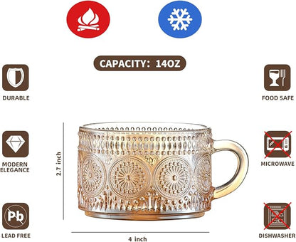 Gezzeny Vintage Coffee Mugs 14 Oz Set of 2 Amber Embossed Glass Tea Cups - Image 7
