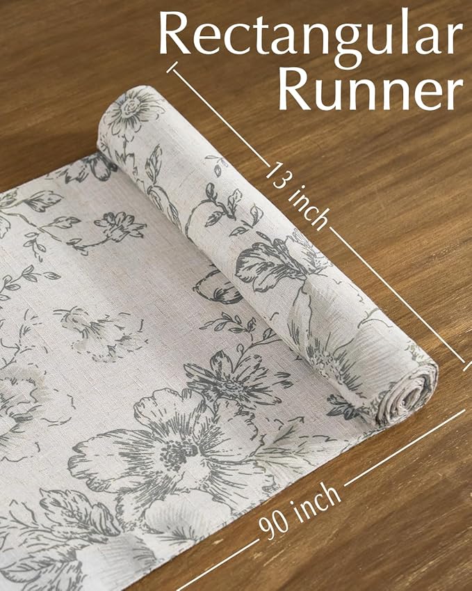 jinchan Grey Floral Linen Table Runner 13 x 90 Inch Farmhouse | Neutral - Image 5