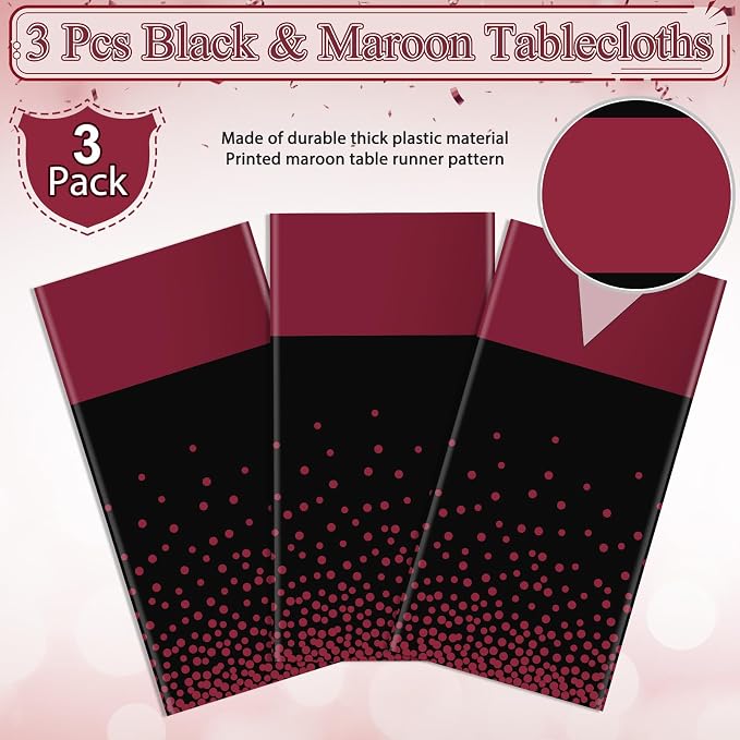 3Pcs Black and Maroon Tablecloth Party Decorations, Plastic Black Table Cloth - Image 4