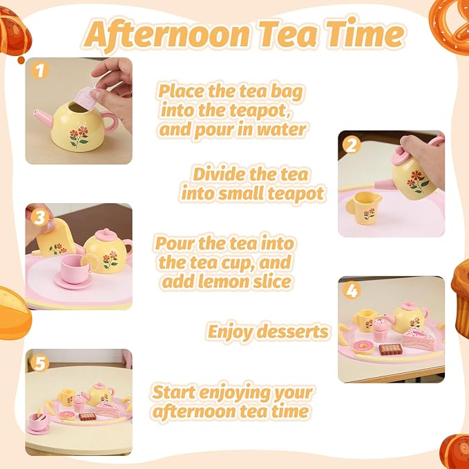 Tea Party Set Wooden Tea Sets for Toddlers 3-5 Little Girls 4-6 6-8 Kids | Kids - Image 4