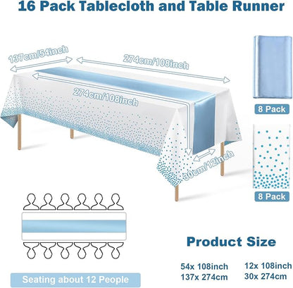 16Pack Disposable Plastic Tablecloths and Satin Table Runner Set White and - Image 2