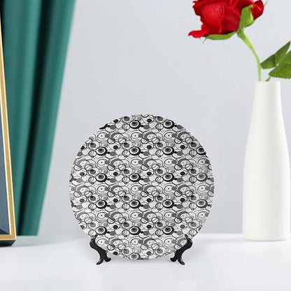 Decorative Plates, Abstract Print Ornament, Monochrome Circles Dots Surreal Geometric Modern, 8 Inch, Kitchen Wall Decor, Grey Black White