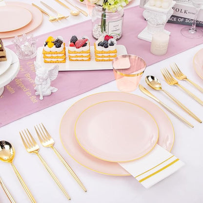 MirthMood 210PCS Pink Plastic Plates with Gold Rim – Plastic Plates Set Includes 30 Dinner,30 Dessert Plate,30 Cup&30 Napkins 90 Gold Silverware for Wedding&Birthday Parties&Valentine's Day