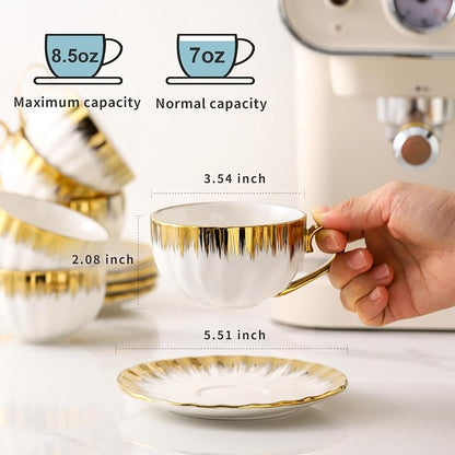 LETAOTAO Cappuccino Cups with Saucers, 7oz Tea Cup Set of 6 with Gold Trim | - Image 4