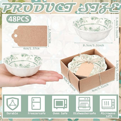 48 Pcs Wedding Favors for Guests Small Ceramic Bowl Bulk Gifts Set 3.3 Inch Floral Design Mini Dipping Sauce Dish with Card Box for Bridal Pooja Baby Shower Birthday Guest Gift (Sage Green)