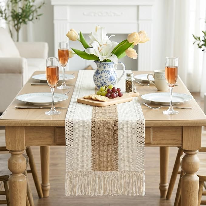 OurWarm Splicing Burlap Table Runner Farmhouse Style, Boho Table Runner Modern - Image 4